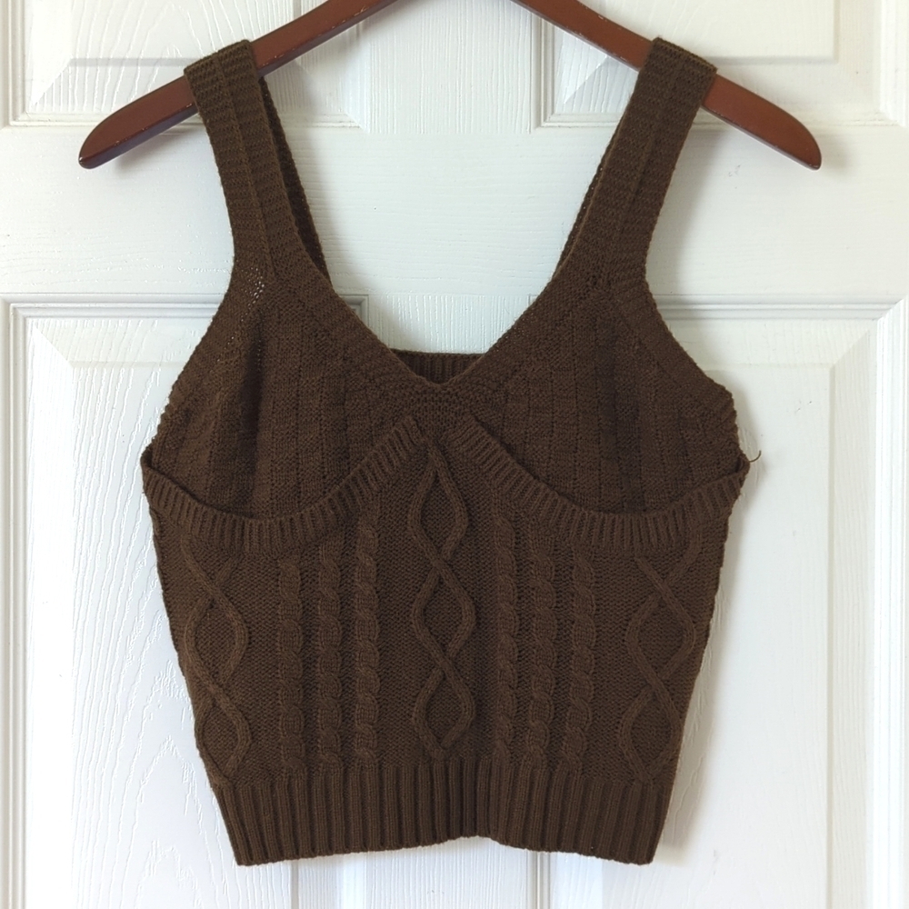 Cropped Cable Knit Wide Strap V-neck Sweater Tank Top Brown Small